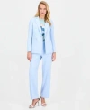 Anne Klein Womens Notch Collar One Button Jacket Printed Boat Neck Short Sleeve Top High Rise Wide Leg Pants In Blue