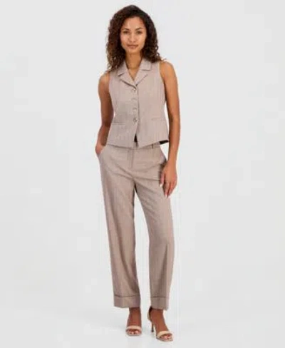 Anne Klein Womens Notched Collar Button Front Vest Cuffed Straight Leg Pants In Multi