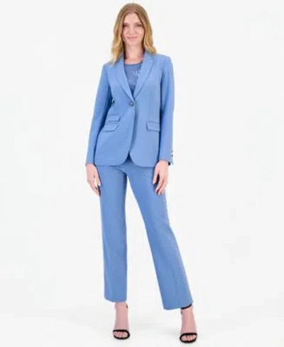 Anne Klein Womens One Button Blazer Sequin Tank Top Straight Leg Pants In Blue