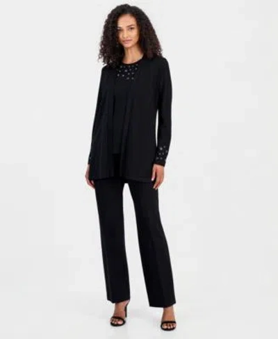 Anne Klein Womens Open Front Grommet Trim Cardigan Crewneck Grommet Trim Sleeveless Top In Black