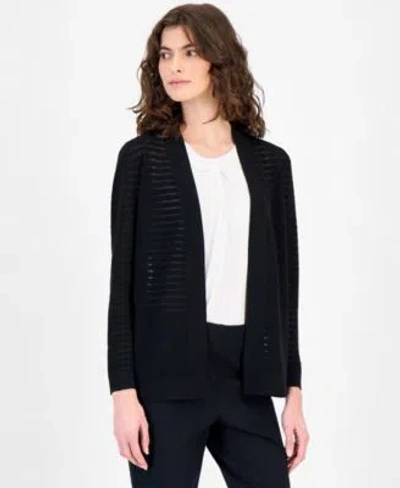 Anne Klein Womens Open Front Sheer Stripe Cardigan In Black