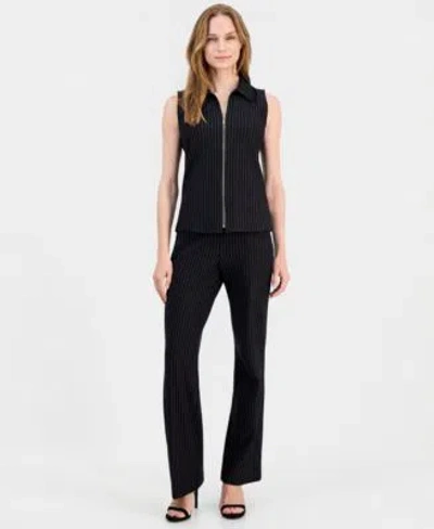 Anne Klein Womens Pinstriped Zip Front Sleeveless Top Mid Rise Pull On Pants In Anne Black
