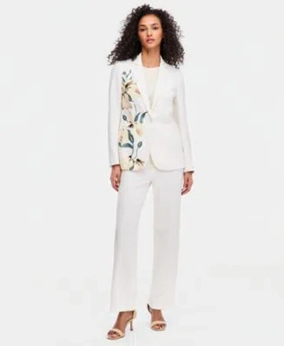 Anne Klein Womens Placement Print One Button Blazer High Rise Wide Leg Pull On Pants In White