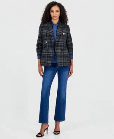 Anne Klein Womens Plaid Blazer Cotton Tie Neck Button Front Top Leo High Rise Bootcut Jeans In Blue