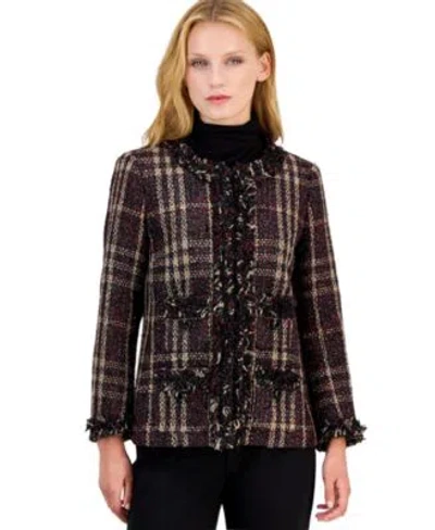 Anne Klein Womens Plaid Fringe Trim Tweed Jacket In Brown