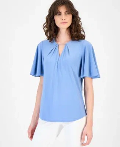 Anne Klein Womens Pleated Bell Sleeve Top In Blue