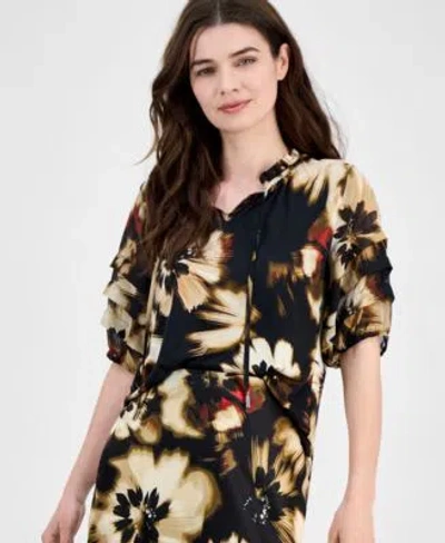 Anne Klein Womens Pleated Sleeve Floral Print Split Neck Top Xxs P Xxl In Black