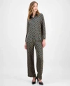 Anne Klein Womens Printed Blouse Wide Leg Pull On Pants In Black