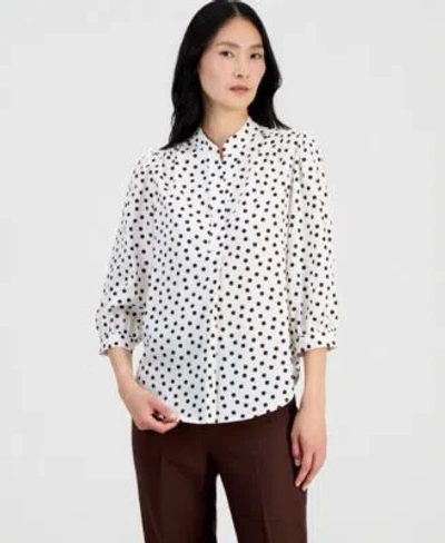 Anne Klein Womens Printed Blouson Sleeve Top In White