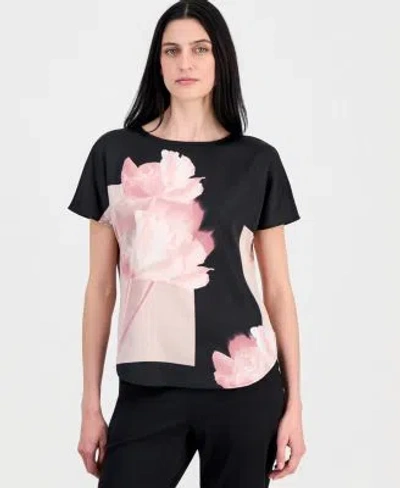 Anne Klein Womens Printed Boat Neck Short Sleeve Top In Black