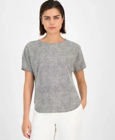Anne Klein Womens Printed Boat Neck Short Sleeve Top P Xxs Xxl In Gray