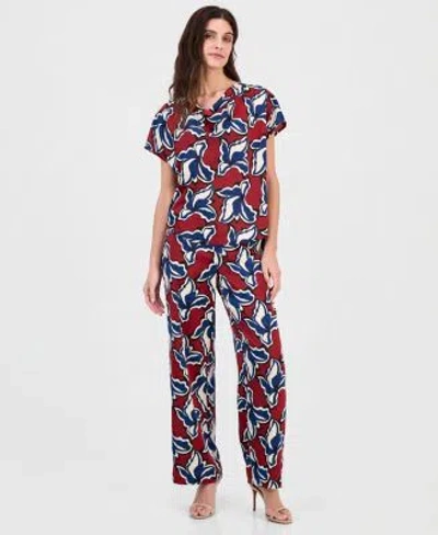 Anne Klein Womens Printed Cowl Neck Short Sleeve Top Printed Pull On Wide Leg Pants In Multi