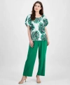 Anne Klein Womens Printed Eyelet Embroidered Cotton Blouse Pull On Wide Leg Ankle Pants In Green