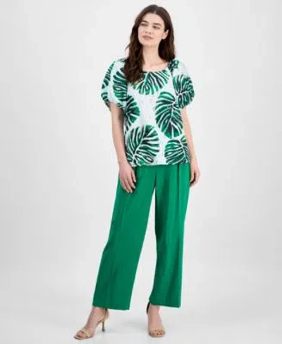 Anne Klein Womens Printed Eyelet Embroidered Cotton Blouse Pull On Wide Leg Ankle Pants In Green