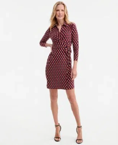 Anne Klein Womens Printed Faux Wrap Tie Waist Dress In Burgundy