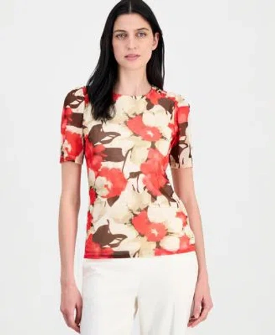 Anne Klein Womens Printed Mesh Short Sleeve Top In Multi