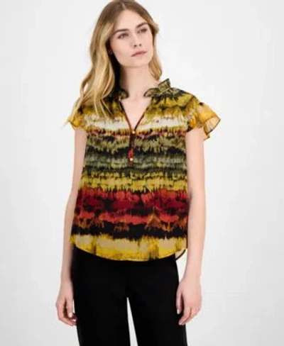 Anne Klein Womens Printed Ruffled Neck Flutter Sleeve Chiffon Top Xxs P Xxl In Multi