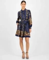 Anne Klein Womens Printed Satin Ruffle Hem Shirt Dress 0p 16 In Blue