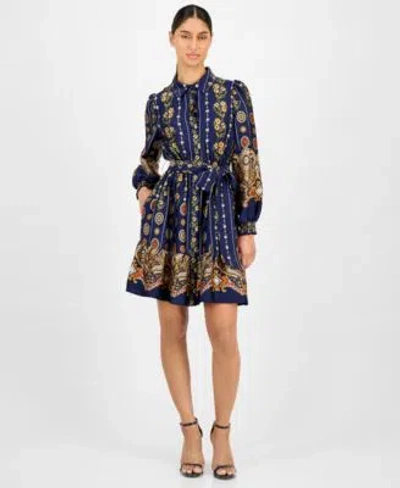 Anne Klein Womens Printed Satin Ruffle Hem Shirt Dress 0p 16 In Blue