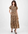 Anne Klein Womens Printed Smocked Puff Sleeve Chiffon Tiered Maxi Dress P Xxs Xxl In Green