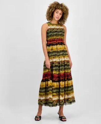 Anne Klein Womens Printed Smocked Sleeveless Maxi Dress Xxs P Xxl In Multi