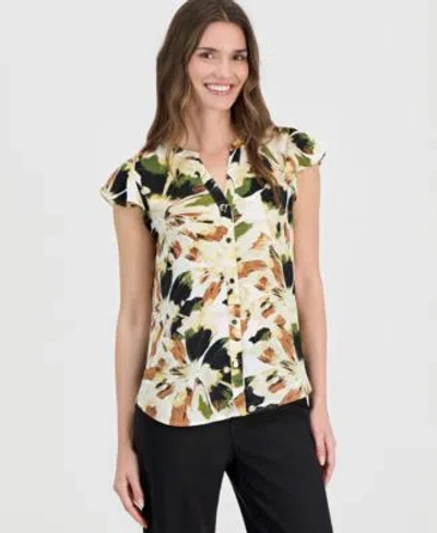 Anne Klein Womens Printed Split Neck Flutter Sleeve Blouse In Multi