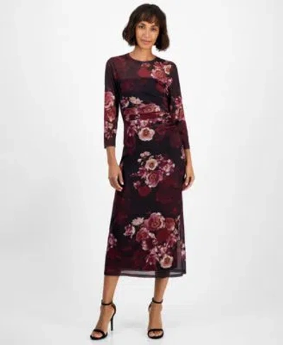 Anne Klein Womens Printed Triple Mesh Side Ruched Midi Dress P S Xl In Purple