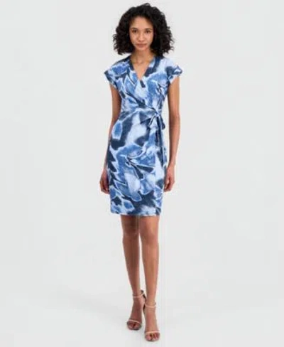 Anne Klein Womens Printed Wrap Sheath Dress In Blue