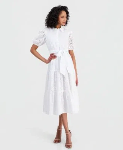 Anne Klein Womens Puff Sleeve Midi Eyelet Shirtdress In White