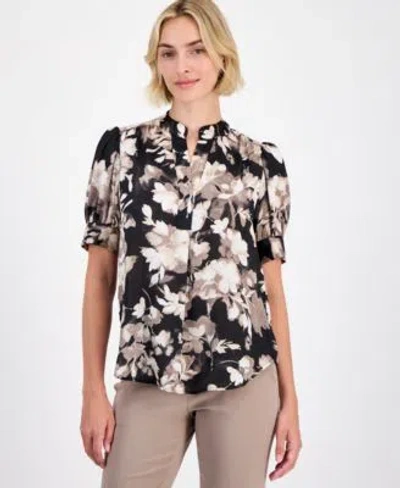 Anne Klein Womens Puffed Sleeve Top In Anne Black,latte Mutli