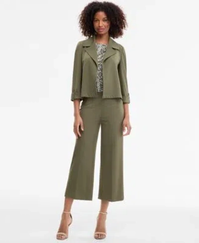 Anne Klein Womens Pull On Cropped Pants Printed Cap Sleeve Blouse 3 4 Sleeve Open Front Jacket In Green