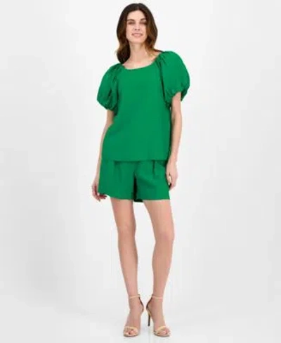 Anne Klein Womens Pull On Pleated Shorts Pleated Bubble Sleeve Blouse In Green