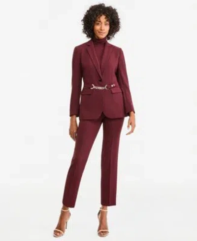 Anne Klein Womens Pull On Single Button Stretch Jacket Pants 2 Piece Suit In Burgundy