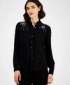 Anne Klein Womens Rhinestone Embellished Shirt P Xxs Xxl In Black