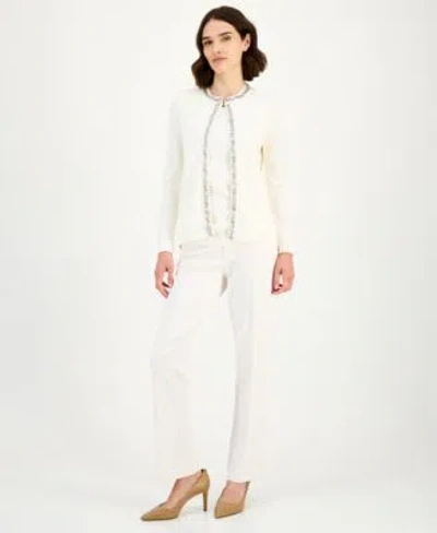 ANNE KLEIN WOMENS RHINESTONE TRIM CARDIGAN SLEEVELESS KNIT TOP BOOTCUT SUIT PANTS