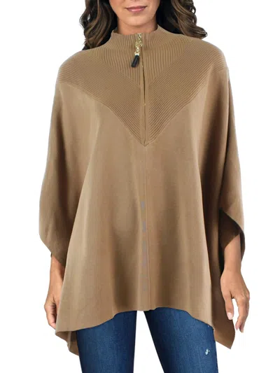 Anne Klein Womens Ribbed Trim Tunic Poncho Sweater In Brown