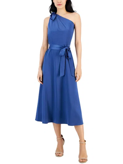 Anne Klein Womens Satin Midi Fit & Flare Dress In Blue