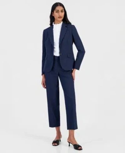 Anne Klein Womens Seersucker Stripe Blazer Ruffle Trim Shirt Seersucker Stripe Pants In Blue