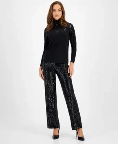 ANNE KLEIN WOMENS SEQUIN SHOULDER TURTLENECK TOP SEQUIN PULL ON PANTS
