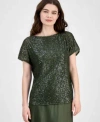 Anne Klein Womens Sequinned Mesh Boat Neck Top Xxs P Xxl In Green
