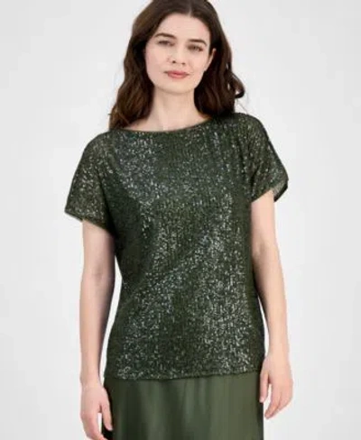 Anne Klein Womens Sequinned Mesh Boat Neck Top Xxs P Xxl In Green