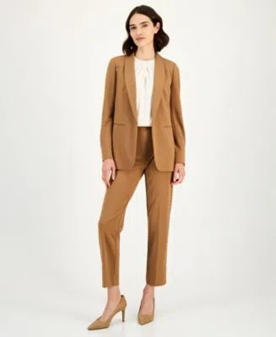 Anne Klein Womens Shawl Collar Open Front Blazer Twist Neck Sleeveless Top Hollywood Waist Pull On Pants In Brown