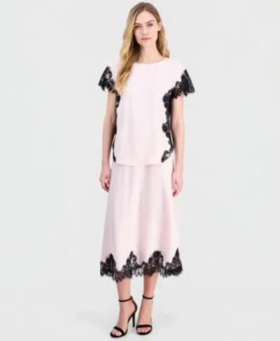 Anne Klein Womens Short Sleeve Lace Trim Top Pull On Lace Trim Midi Skirt In Anne Black