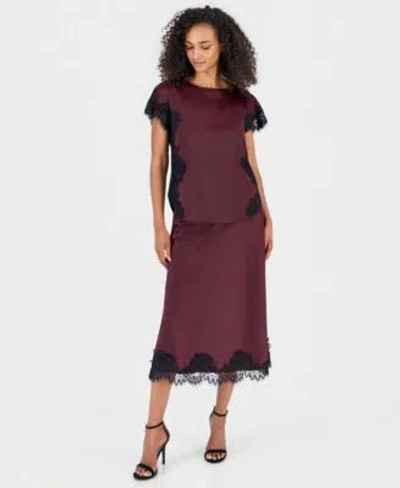 Anne Klein Womens Short Sleeve Lace Trim Top Pull On Lace Trim Midi Skirt In Burgundy