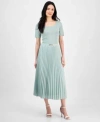 Anne Klein Womens Short Sleeve Sweater Pleated Midi Skirt In Soft Aloe