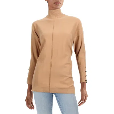 Anne Klein Womens Side Slit Button-trim Mock Turtleneck Sweater In Brown