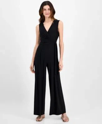 Anne Klein Womens Sleeveless Classic Wrap V Neck Jumpsuit 0 16p In Black
