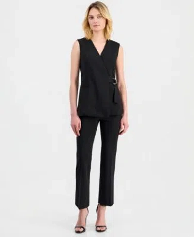 Anne Klein Womens Sleeveless D Ring Wrap Blazer Pull On Kick Flare Pants In Black