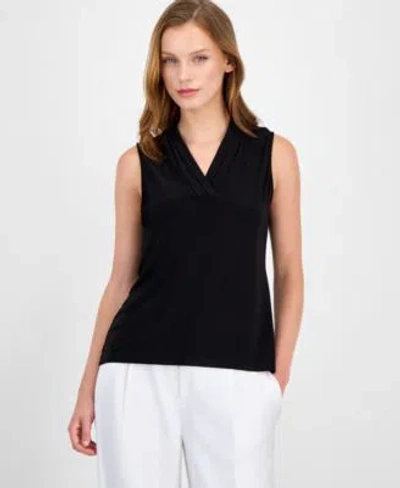 Anne Klein Womens Sleeveless Pleated V Neck Shell Top P Xxs Xxl In Anne Black,anne White