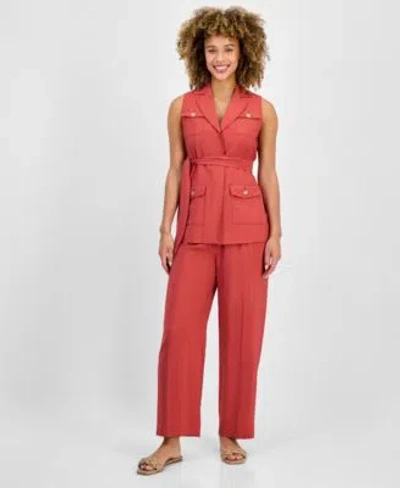 Anne Klein Womens Sleeveless Tie Waist Patch Pocket Jacket Pull On Wide Leg Ankle Pants In Red